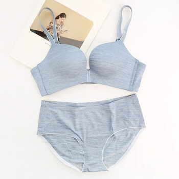无痕一片式少女深v性感小胸无钢圈文胸套装聚拢运动内衣 灰蓝色 85c