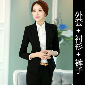 2015职业装女套装长袖通勤OL修身套服工作服 黑外套+衬衫+裤子 XL