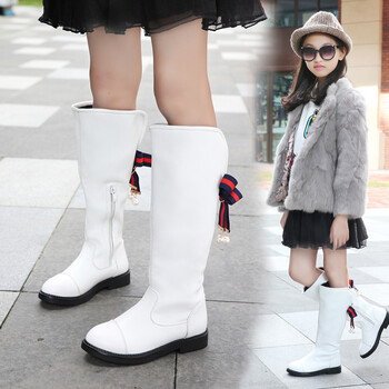 竹秋千女童靴子儿童长筒靴二棉靴加绒高筒靴2017秋冬季保暖中大童鞋童