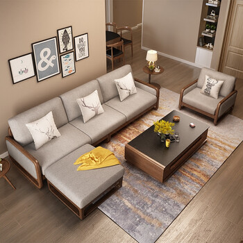 北欧布艺沙发茶几组合仿真皮客厅沙发整装小户型沙发全纯实木沙发