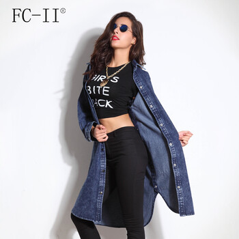fcii 欧洲站牛仔外套超长款衬衫女风衣长袖复古大码时尚宽松潮女风衣 蓝色 S
