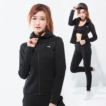 安踏运动套装女 修身运动服休闲秋季新款舒适运动上衣 黑色套装 160