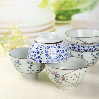 
                                        山田烧陶瓷碗套装 釉下彩(4.5英寸)米饭碗日式和风餐具(6只装) 混色装                