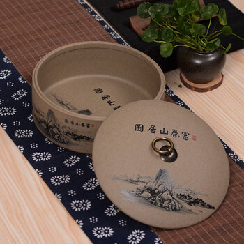 
                                        博度 粗陶普洱饼茶叶罐 陶瓷储存罐 大号茶罐陶罐 密封罐375g3饼装 富春山居图                