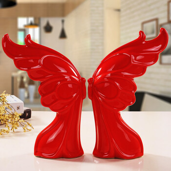 现代陶瓷工艺品创意婚庆摆件电视柜装饰品情侣蝴蝶 红色