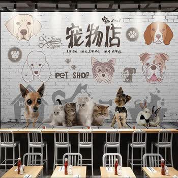 3d立体砖墙卡通动物壁纸创意手绘狗狗猫咪墙纸宠物店大型壁画 5d凹凸