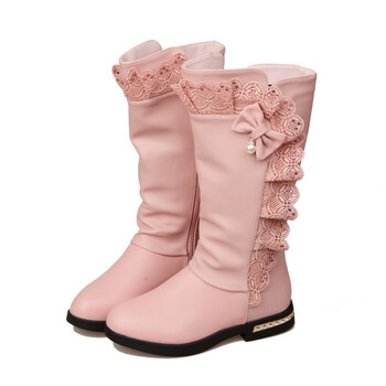 儿童鞋女童靴子秋冬新款真皮蝴蝶结儿童高筒靴长靴女大童靴 粉色 36码