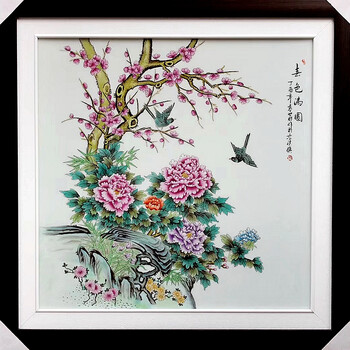 手绘粉彩珍品《春色满园》瓷板画.景德镇知名民间美术师周惠胜作品
