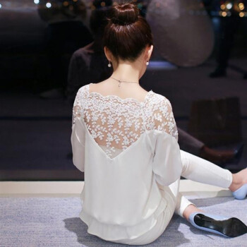 法琦玛帝 2015春夏新女装性感一字肩蕾丝拼接雪纺衫宽松大码中袖打底衫荷叶边 女潮 869 黑色 L