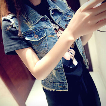 佰琦绣2015新款欧美风做旧牛仔马夹毛边短款牛仔马甲 女 蓝色 XL