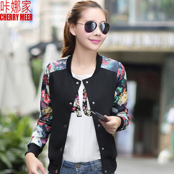 咔娜家2015春秋款女装时尚民族风印花短款薄外套棒球服女夹克上衣017 黑色  L