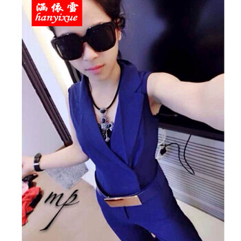 涵依雪2016夏季新款韩版深V领修身低胸性感夜店无袖女装显瘦小脚裤连体裤套装长裤 黑色 送腰带 L