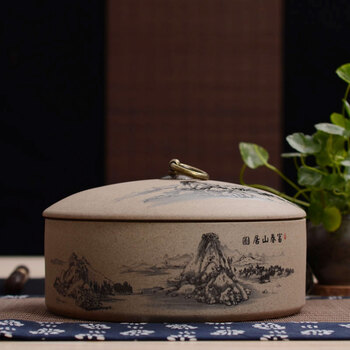 
                                        博度 粗陶普洱饼茶叶罐 陶瓷储存罐 大号茶罐陶罐 密封罐375g3饼装 富春山居图                
