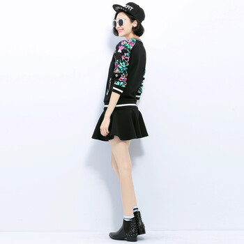 自由呼吸2015新款韩版印花运动服女款秋装 春秋时尚休闲外套 大码开衫卫衣女装 棒球服 黑蝴蝶兰 上衣 XXL