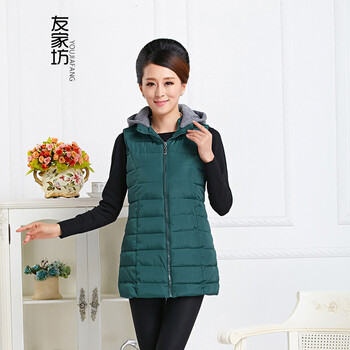 友家坊 中老年女装中长款棉服秋冬季 2015新款马甲厚款无袖连帽拉链妈妈装休闲外套 绿色 4XL 建议体重150到165斤
