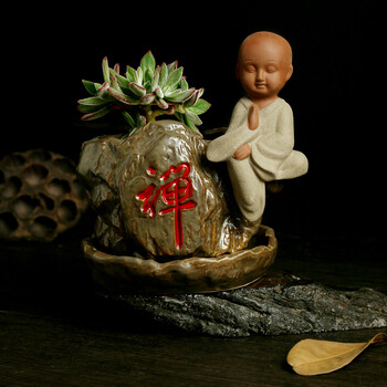 上芯 小和尚多肉花盆带托盘陶瓷彩绘复古陶瓷花盆佛禅静悟花盆 大禅无