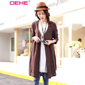 OEHE 2015秋装新款韩版修身麻料外套女时尚显瘦单排扣长款风衣 咖啡色 M