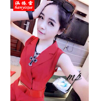 涵依雪2016夏季新款韩版深V领修身低胸性感夜店无袖女装显瘦小脚裤连体裤套装长裤 黑色 送腰带 L