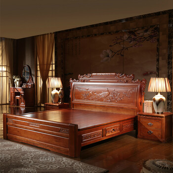 8米双人床中式古典雕花大床储物抽屉高箱床主卧婚床 奢华花梨色抽屉床