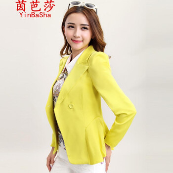 茵芭莎  2014新款韩版休闲小西装修身气质女式外套收腰小西服女GT6838 黄绿色 L
