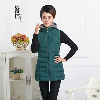 友家坊 中老年女装中长款棉服秋冬季 2015新款马甲厚款无袖连帽拉链妈妈装休闲外套 绿色 4XL 建议体重150到165斤