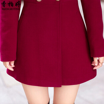 
                                        香柏婷2019爆新款女式毛呢大衣外套女韩范收腰显瘦大码中长款呢子大衣XB827 酒红色 L                