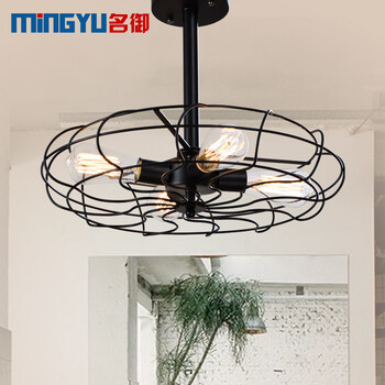 美式乡村铁艺吊灯 复古个性创意风扇酒吧工业风餐厅吊灯 4头吊杆款