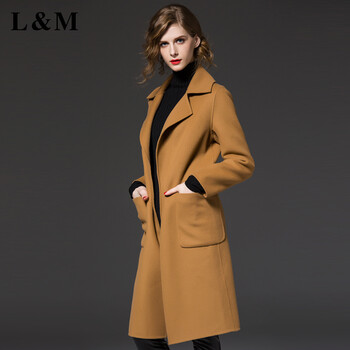 L&M欧洲站冬季新款简约时尚气质中长款羊毛呢大衣风衣外套女冬厚款含腰带F3009 驼色 M