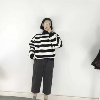 
                                        浅昧 短袖T恤黑白条纹 春装新款长袖T恤女原宿风条纹外套韩版中长款宽松套头卫衣QM268 黑白条纹 均码                