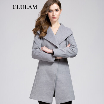 ELULAM一路蓝 2015秋冬新款欧美时尚修身羊毛呢中长款法兰绒大衣外套女56D108 灰色 S