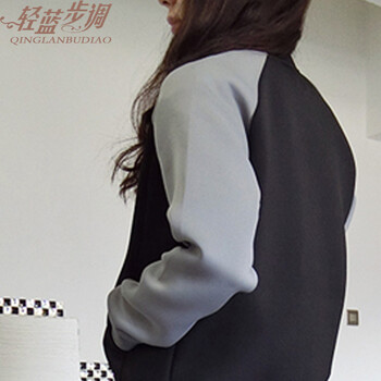 轻蓝步调 2015秋冬新款韩版空气棉撞色拼接棒球服女开衫修身宽松大码学生卫衣 黑色 S