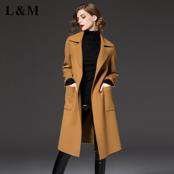 L&M欧洲站冬季新款简约时尚气质中长款羊毛呢大衣风衣外套女冬厚款含腰带F3009 驼色 M