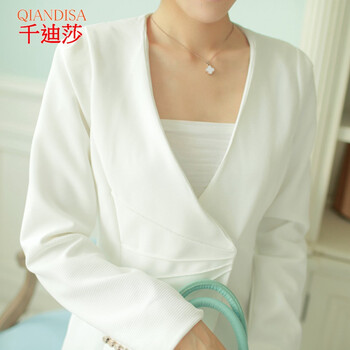 千迪莎  2015秋装新款韩版显瘦V领外套通勤中长款小西装 女 白色 L
