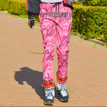 冬季户外运动保暖加绒软壳裤男女情侣中性防风迷彩裤 粉色迷彩 xxl