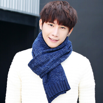 16新款男士围巾针织毛线冬季保暖长款男围巾年轻人围脖 藏青