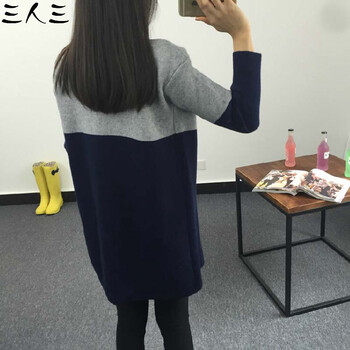 三人三2015新款中长款针织衫开衫毛衣外套001 蓝色  均码