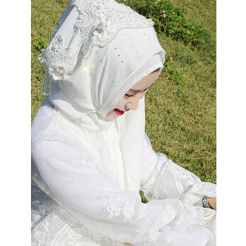 穆斯林头巾重手工纱巾纯色雪纺长巾新娘回族盖头 白色