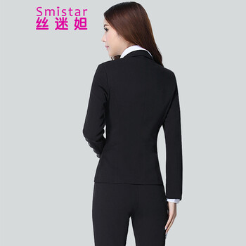 丝迷妲2016春秋新款职业装女装套装裤西装长袖OL修身西服女士正装面试工作服 黑西装+黑裤+衬衫 M