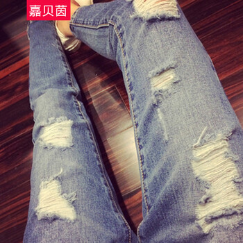 艺雪枫丹2016春夏新款韩版时尚宽松破洞九分哈伦牛仔裤乞丐裤 女 潮 蓝色 26码