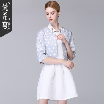 梵希蔓2015秋季新款圆领星星图案中袖直筒短外套女百搭甜美小外套  65826 灰底白色 XL