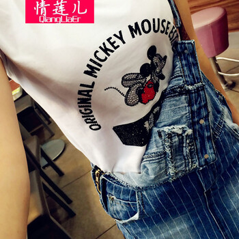 情莲儿 2015  新款米奇烫钻T恤+新款时尚潮流条纹背带裙 套装 潮 图片色 L