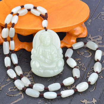 同伴 和田玉项链青白玉观音项链男女款玉器链礼品玉石观音菩萨项链 配