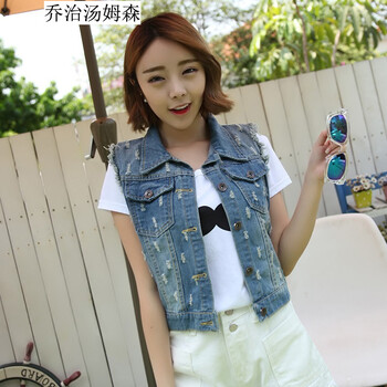 乔治汤姆森 2015夏装新款时尚无袖牛仔马甲女韩版潮磨破马夹背心超短牛仔外套女修身款 S