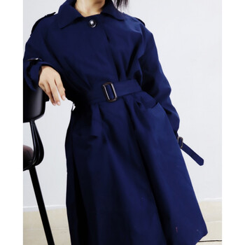 秋冬新款 风衣外套 袖口褶皱绑带赫本风插肩袖中长外套 宝蓝色 均码