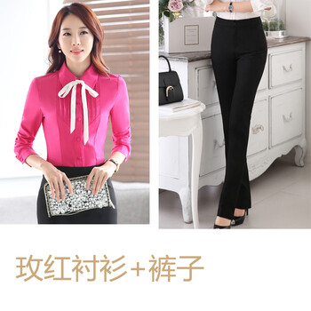欧诺熙 2015秋装职业大码女装长袖衬衫面试正装工作服套装上衣 玫红衬衫+西裤 XL