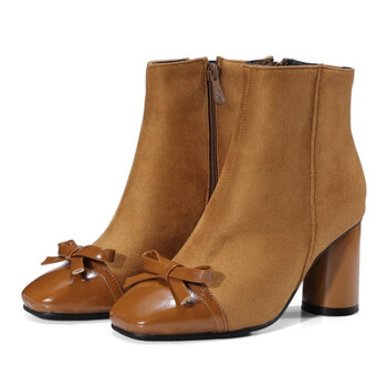 日韩甜美蝴蝶结皮革女靴2017秋冬新款方头粗跟高跟短靴 棕色 48