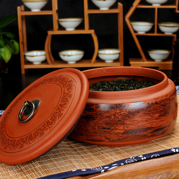 品鉴 紫砂茶叶罐  彩绘茶叶罐大 小储茶罐密封储物罐子 茶缸 清明上河图大号17.5*11cm