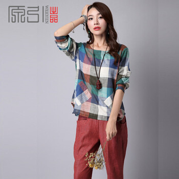 原引WEEYIIN2016民族风胖MM宽松棉麻t恤格子大码棉麻女装长袖上衣长袖t恤女 红色 XL