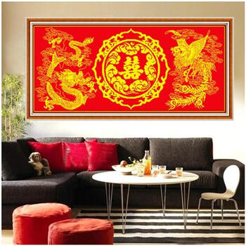 
                                        包邮 皇家至尊蒙娜丽莎十字绣新款客厅大幅福龙喜凤装饰画印花结婚喜字婚庆款现代沙发背景壁画 1.4米（福丝线）145*70厘米【免费补线】                