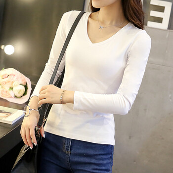 秋冬新款莫代尔纯色打底衫白色长袖t恤女修身v领秋衣上衣紧身体恤